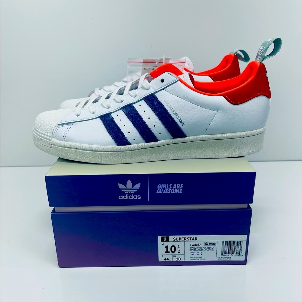 Adidas Superstar Shoes Girls Are Aweson Originals White Blue Orange Size 10 1/2